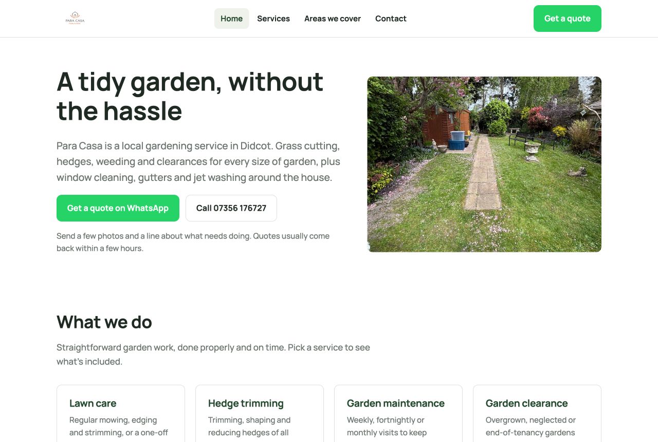Para Casa desktop homepage showing its gardening services alongside a photograph of a garden in Didcot.